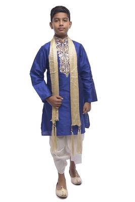 Blue Embroidered Dupion Silk Boys Kurta Pyjama 1