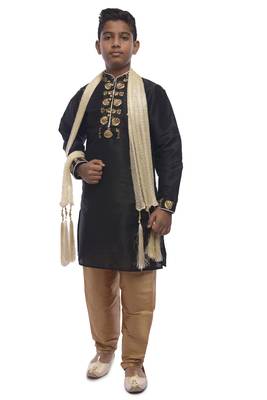 Black Embroidered Dupion Silk Boys Kurta Pyjama 1