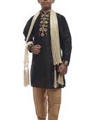 Black Embroidered Dupion Silk Boys Kurta Pyjama