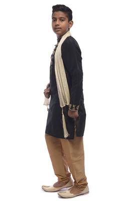 Black Embroidered Dupion Silk Boys Kurta Pyjama 2