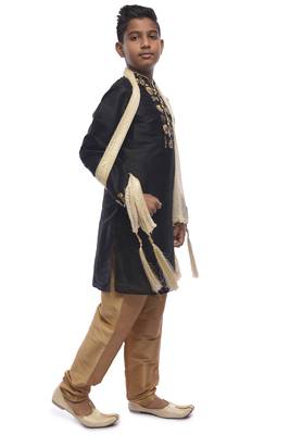 Black Embroidered Dupion Silk Boys Kurta Pyjama 3