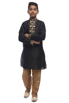 Black Embroidered Dupion Silk Boys Kurta Pyjama 5