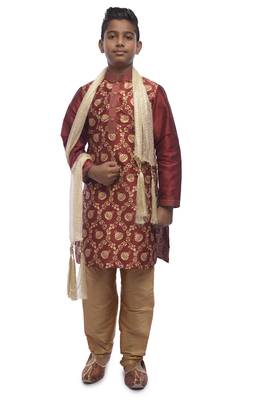 Maroon Printed Dupion Silk Boys Kurta Pyjama 1
