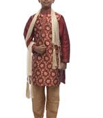 Maroon Printed Dupion Silk Boys Kurta Pyjama