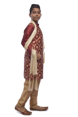 Maroon Printed Dupion Silk Boys Kurta Pyjama 2