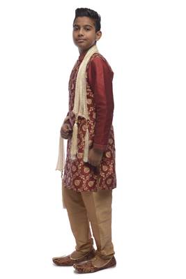 Maroon Printed Dupion Silk Boys Kurta Pyjama 3