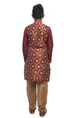 Maroon Printed Dupion Silk Boys Kurta Pyjama 4