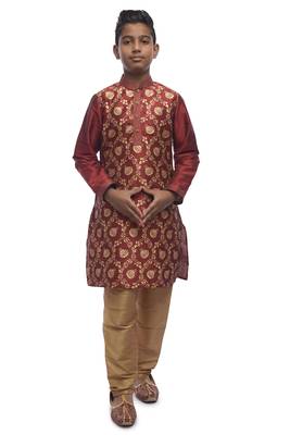 Maroon Printed Dupion Silk Boys Kurta Pyjama 5