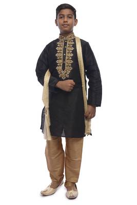 Black Embroidered Dupion Silk Boys Kurta Pyjama 1