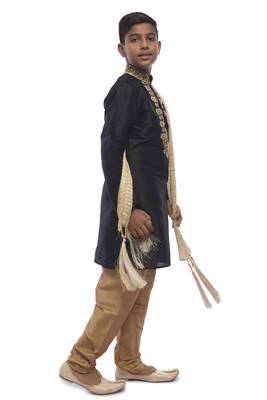 Black Embroidered Dupion Silk Boys Kurta Pyjama 2