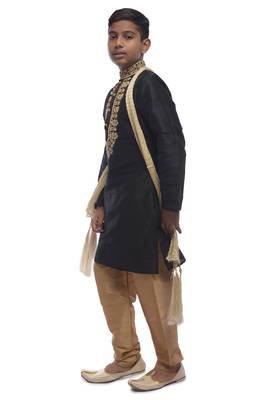 Black Embroidered Dupion Silk Boys Kurta Pyjama 3