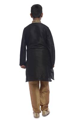 Black Embroidered Dupion Silk Boys Kurta Pyjama 4