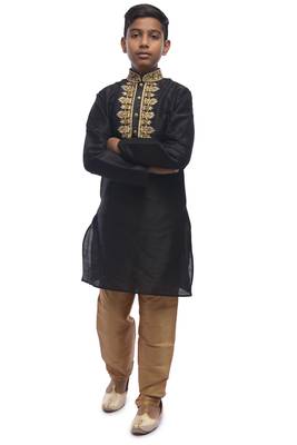 Black Embroidered Dupion Silk Boys Kurta Pyjama 5