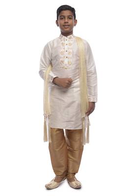 White Embroidered Dupion Silk Boys Kurta Pyjama 1