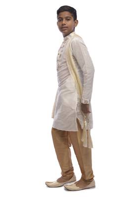 White Embroidered Dupion Silk Boys Kurta Pyjama 3