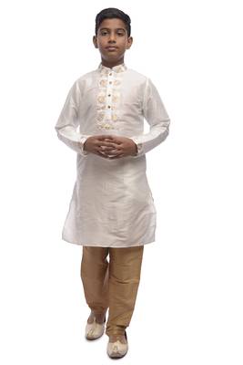 White Embroidered Dupion Silk Boys Kurta Pyjama 5