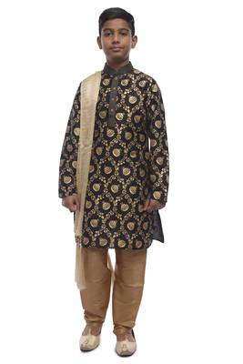 Black Printed Dupion Silk Boys Kurta Pyjama 1