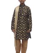Black Printed Dupion Silk Boys Kurta Pyjama
