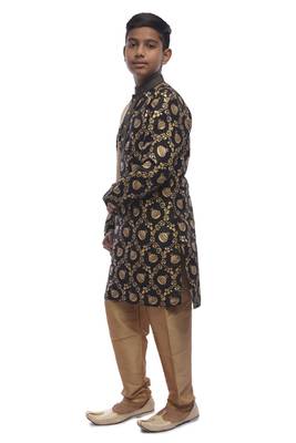 Black Printed Dupion Silk Boys Kurta Pyjama 2