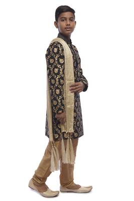 Black Printed Dupion Silk Boys Kurta Pyjama 3