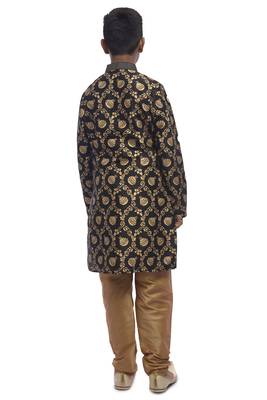 Black Printed Dupion Silk Boys Kurta Pyjama 4