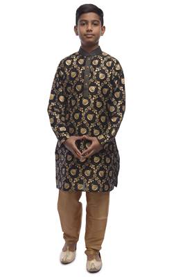 Black Printed Dupion Silk Boys Kurta Pyjama 5