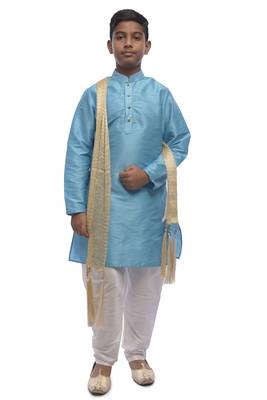 Blue Solid Dupion Silk Boys Kurta Pyjama 1