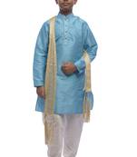 Blue Solid Dupion Silk Boys Kurta Pyjama
