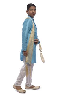 Blue Solid Dupion Silk Boys Kurta Pyjama 2