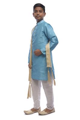 Blue Solid Dupion Silk Boys Kurta Pyjama 3