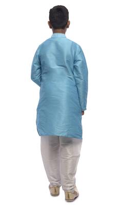 Blue Solid Dupion Silk Boys Kurta Pyjama 4