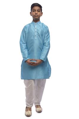 Blue Solid Dupion Silk Boys Kurta Pyjama 5