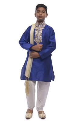 Blue Embroidered Dupion Silk Boys Kurta Pyjama 1