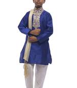 Blue Embroidered Dupion Silk Boys Kurta Pyjama