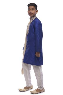 Blue Embroidered Dupion Silk Boys Kurta Pyjama 2