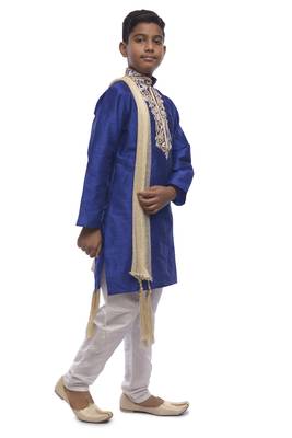 Blue Embroidered Dupion Silk Boys Kurta Pyjama 3