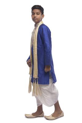 Blue Embroidered Dupion Silk Boys Kurta Pyjama 3