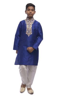 Blue Embroidered Dupion Silk Boys Kurta Pyjama 5