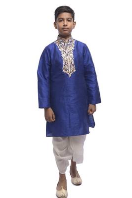 Blue Embroidered Dupion Silk Boys Kurta Pyjama 5