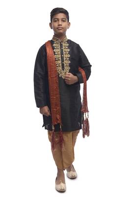 Black Embroidered Dupion Silk Boys Kurta Pyjama 1