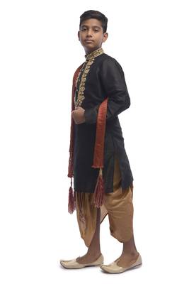Black Embroidered Dupion Silk Boys Kurta Pyjama 2