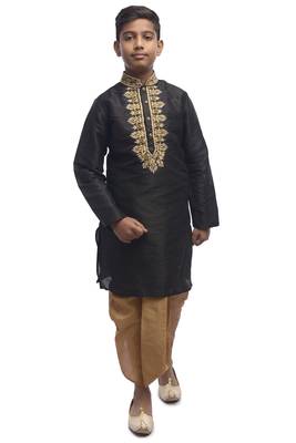 Black Embroidered Dupion Silk Boys Kurta Pyjama 4