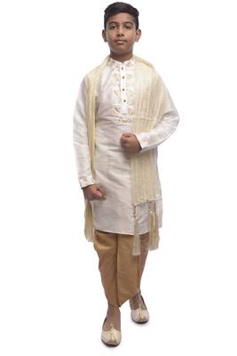 White Embroidered Dupion Silk Boys Kurta Pyjama 1
