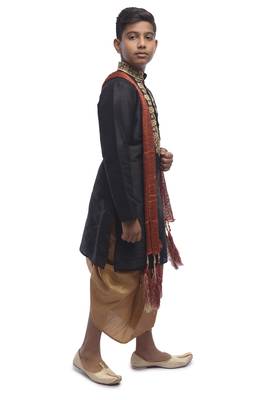 Black Embroidered Dupion Silk Boys Kurta Pyjama 5