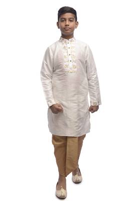 White Embroidered Dupion Silk Boys Kurta Pyjama 3