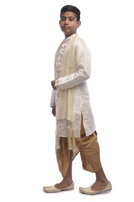 White Embroidered Dupion Silk Boys Kurta Pyjama 4