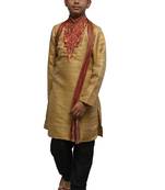 Fawn Embroidered Bhagalpuri Silk Boys Kurta Pyjama