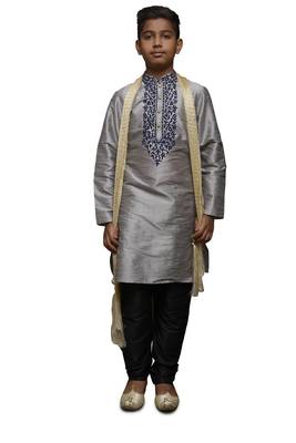 Grey Embroidered Dupion Silk Boys Kurta Pyjama 1