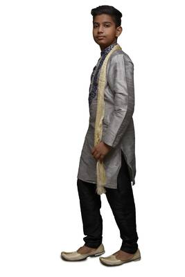 Grey Embroidered Dupion Silk Boys Kurta Pyjama 2