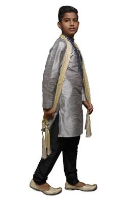 Grey Embroidered Dupion Silk Boys Kurta Pyjama 3